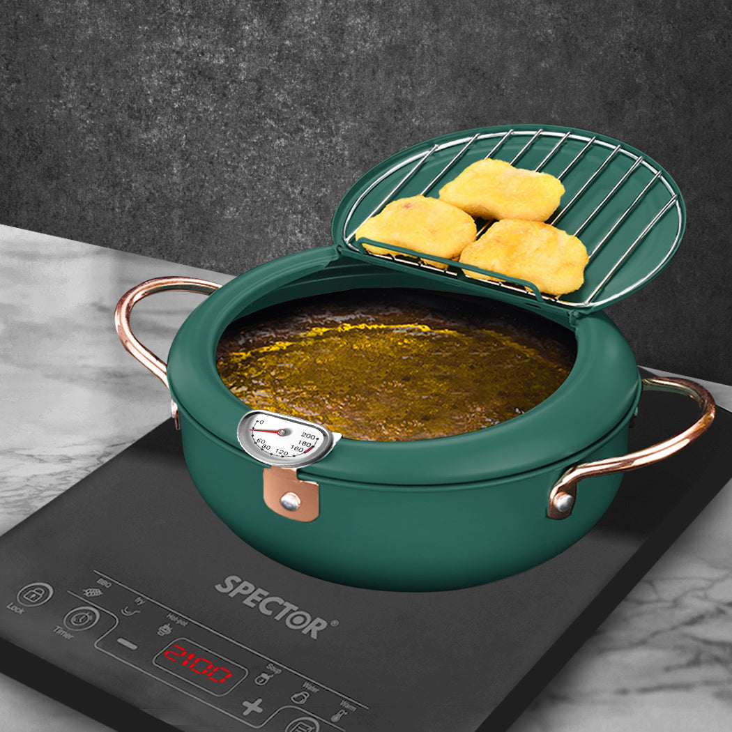 Japanese Deep Frying Pot with Thermometer Non-stick Tempura Fryer Pan 20cm Green - Home & Garden