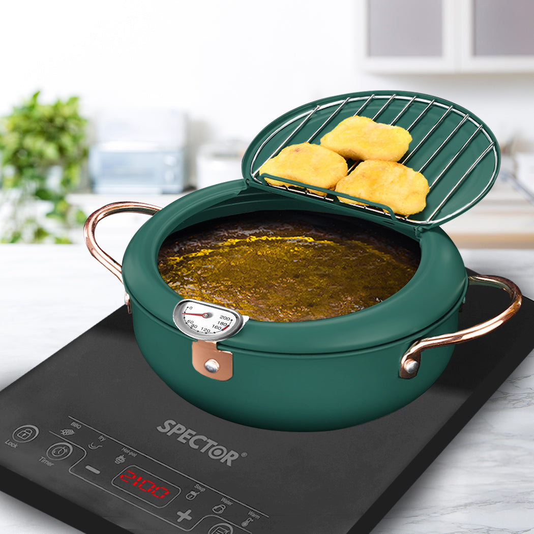 Japanese Deep Frying Pot with Thermometer Non-stick Tempura Fryer Pan 20cm Green - Home & Garden