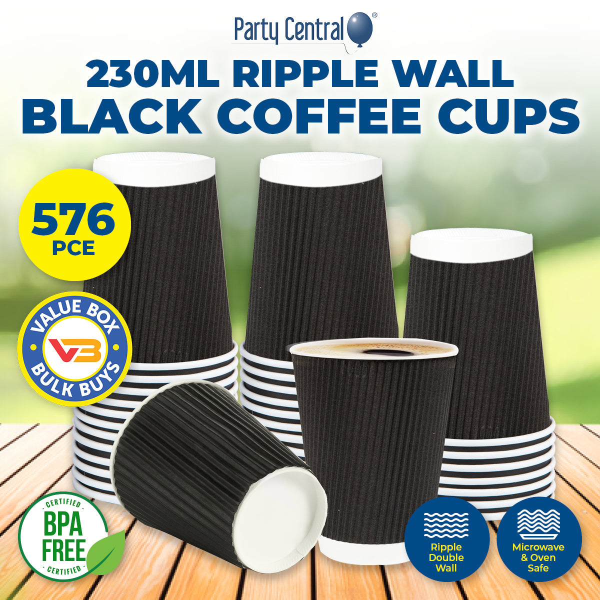 Party Central 576PCE Disposable Coffee Cups Double Wall Microwave Safe 230ml - Occasions > Disposable Tableware