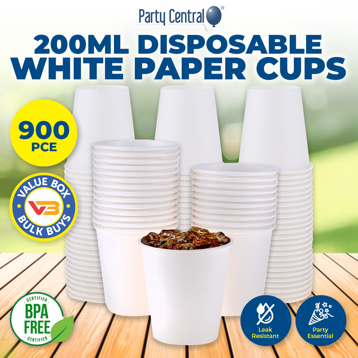 Party Central 900PCE White Paper Cups Disposable Leak Resistant 200ml - Occasions > Disposable Tableware