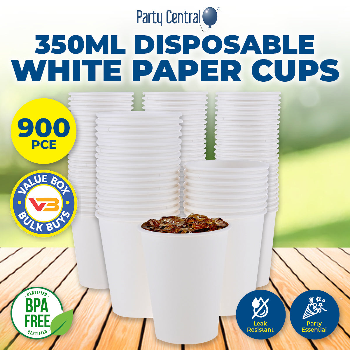 Party Central 900PCE White Paper Cups Disposable Leak Resistant 350ml - Occasions > Disposable Tableware