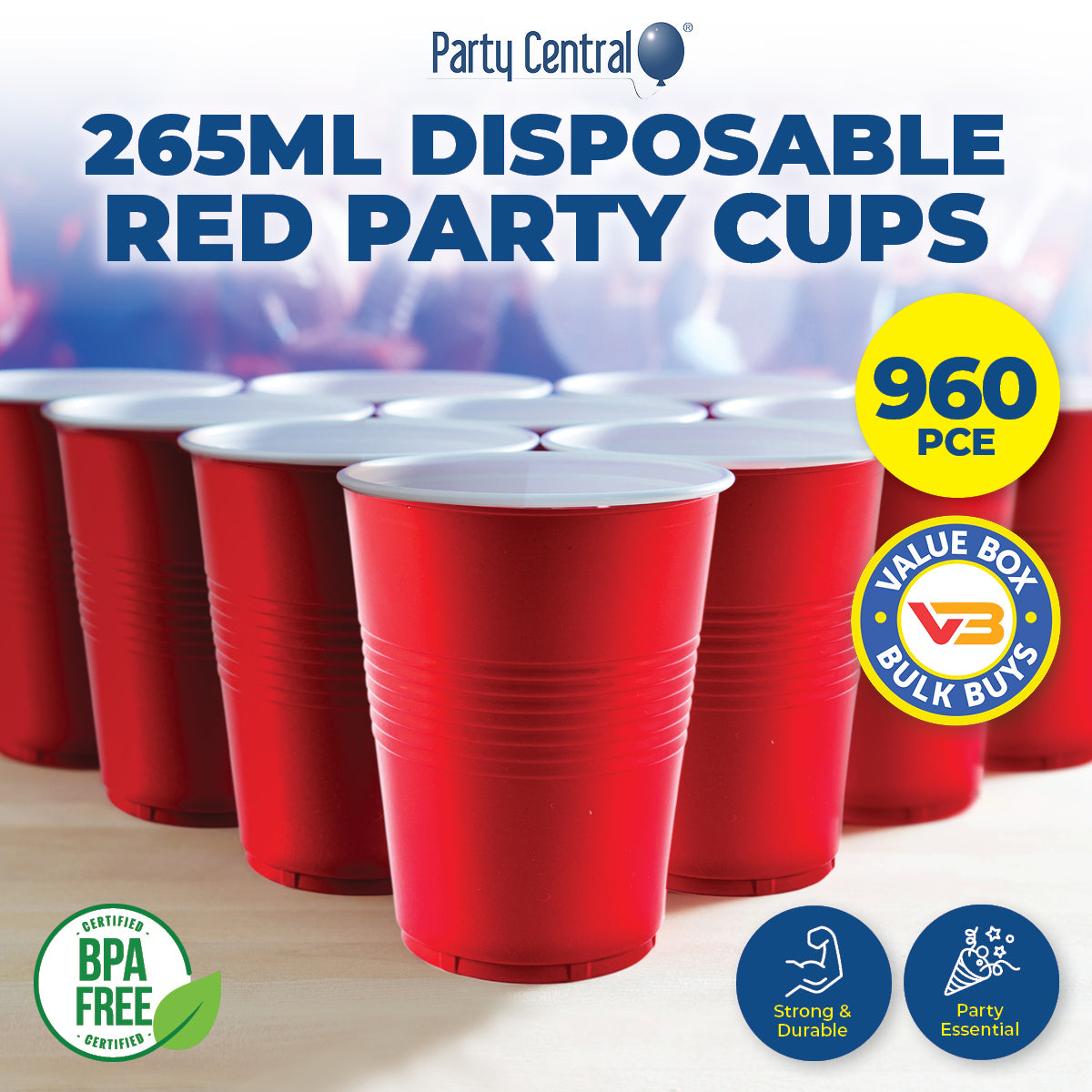 Party Central 960PCE Red Party Cups Disposable BPA Free High Quality 265ml - Occasions > Disposable Tableware