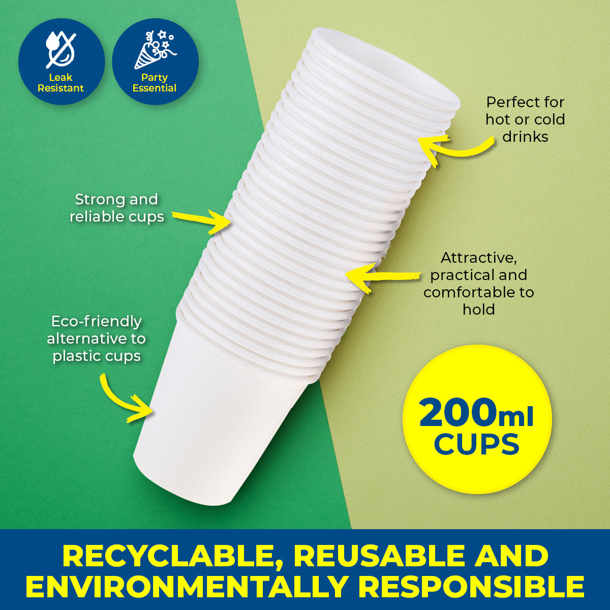 Party Central 900PCE White Paper Cups Disposable Leak Resistant 200ml - Occasions > Disposable Tableware