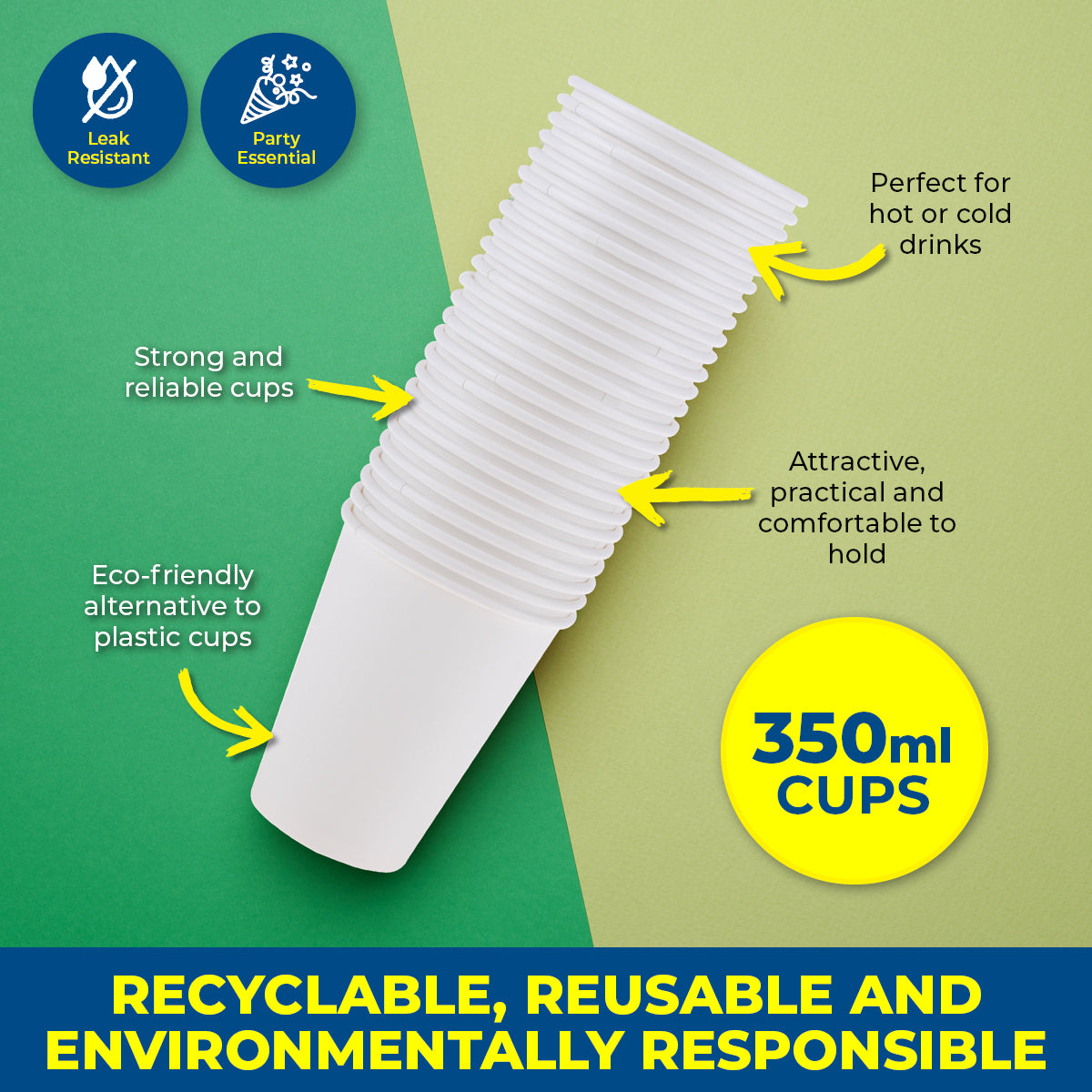 Party Central 900PCE White Paper Cups Disposable Leak Resistant 350ml - Occasions > Disposable Tableware